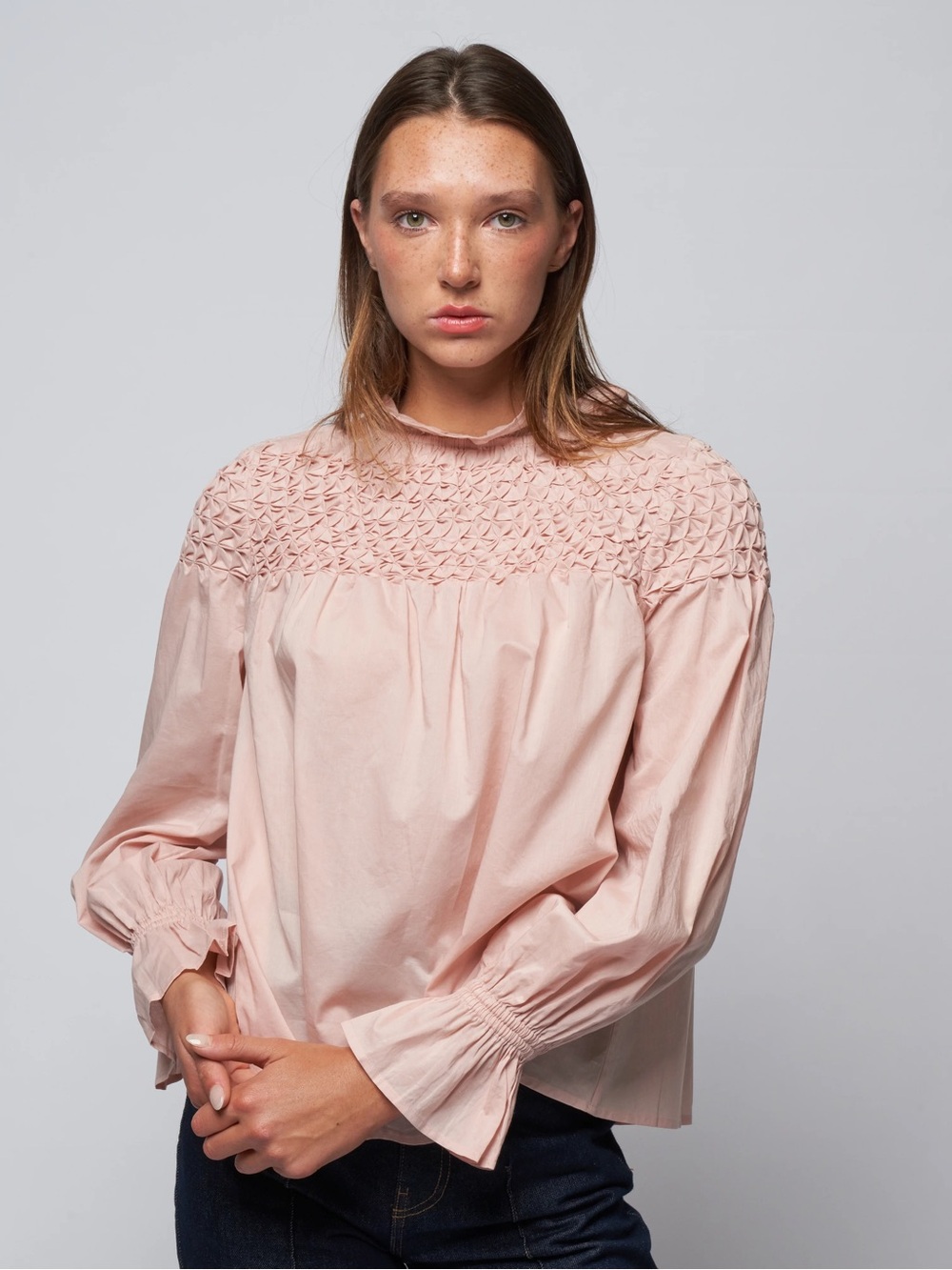 Merlette Majorelle Blouse Women Medium Rose Smocked Yoke Ruffle Cuffs